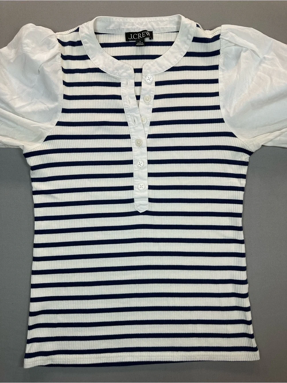 J. Crew Vintage Rib Puff-Sleeve Henley, Navy/White Stripes - Womens Small